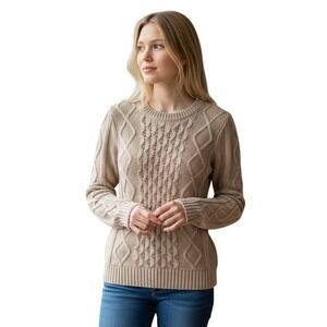 GAP Womens Cable Knit Pullover Sweater M Taupe Cotton Classic Capsule‎ Everyday